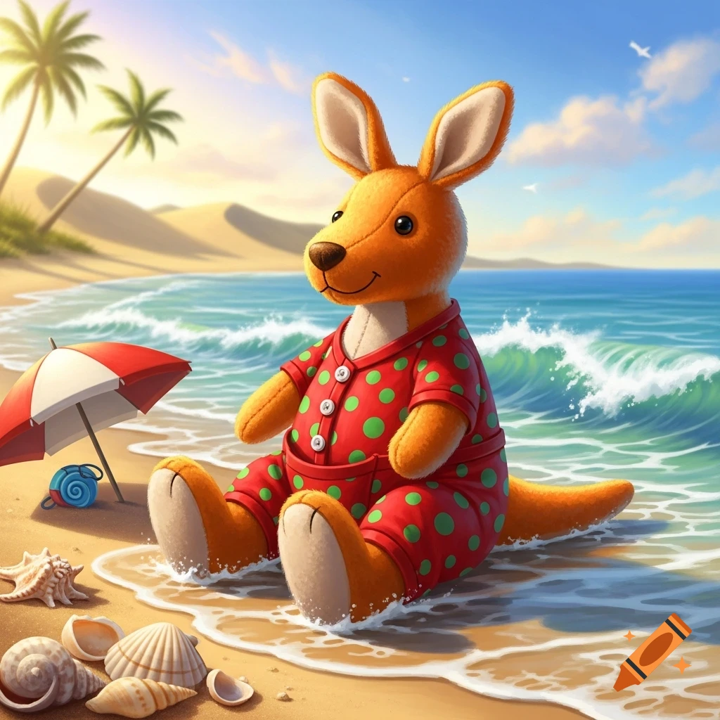 Orange stuffed kangaroo wearing red polka dot pajamas sits in shallow water on a sunny beach with seashells and palm trees.