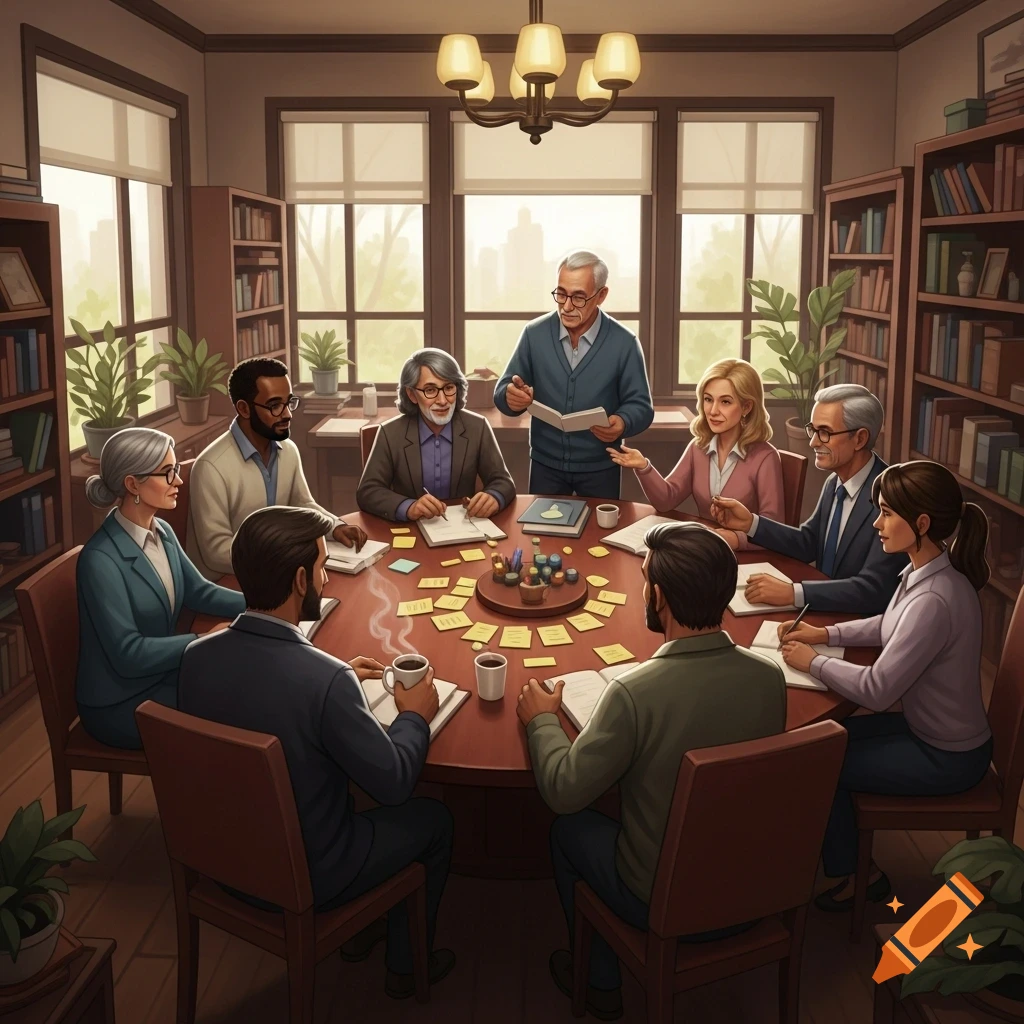 Group of diverse adults, possibly teachers, having a discussion around a large round table in a library-like room with bookshelves.