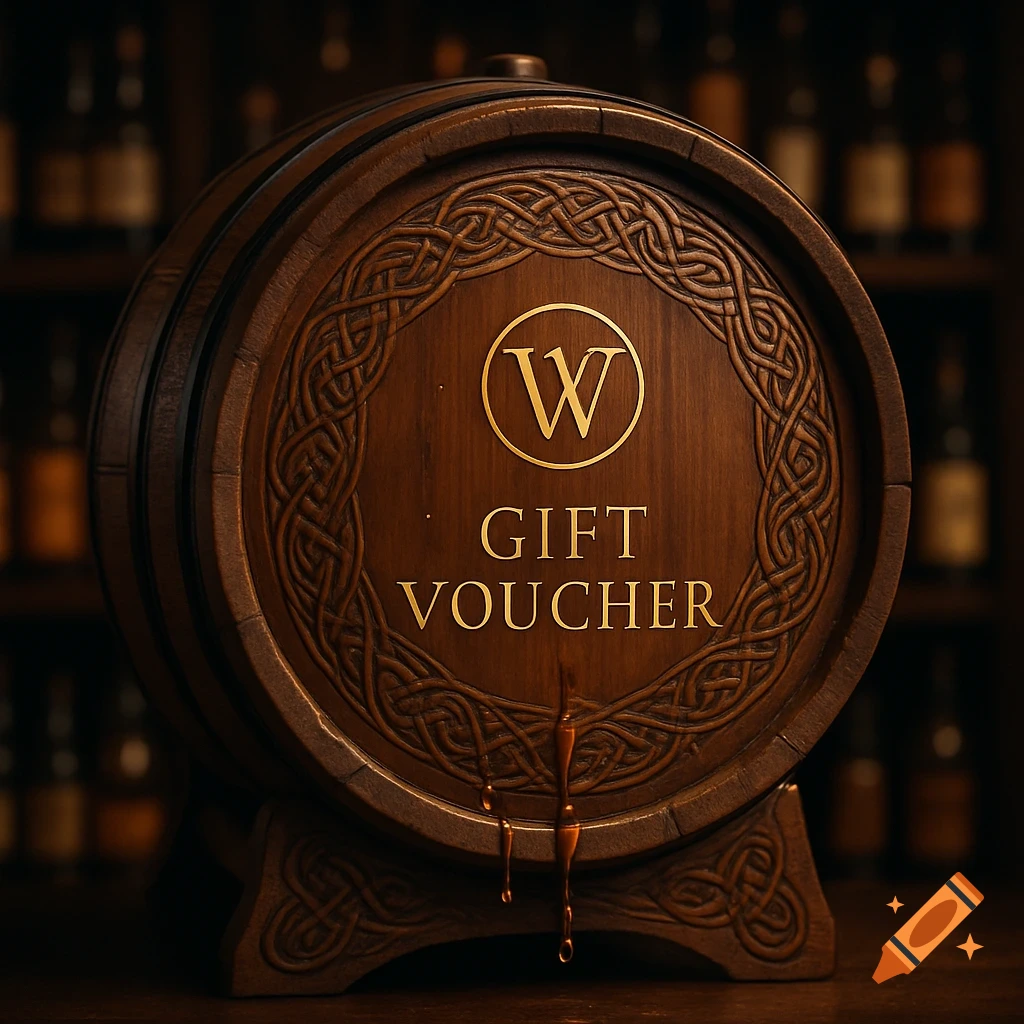 Photorealistic wooden whisky barrel with Celtic carvings, golden 'W' emblem, and 'GIFT VOUCHER' text, with liquid dripping.