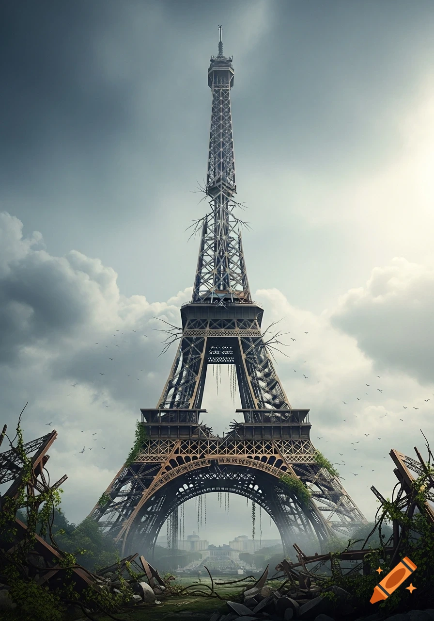 A dilapidated Eiffel Tower, overgrown with vines, stands in a post-apocalyptic ruined landscape under a cloudy sky.