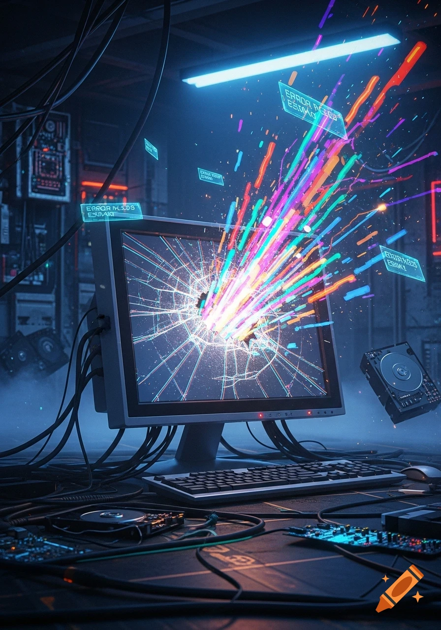 A broken computer monitor with colorful digital data exploding from its ...