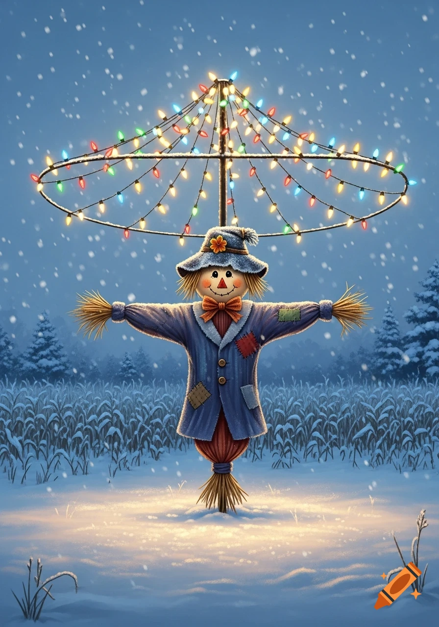 A cheerful cartoon scarecrow in a snowy winter field wears a blue jacket and hat, illuminated by colorful Christmas lights overhead.