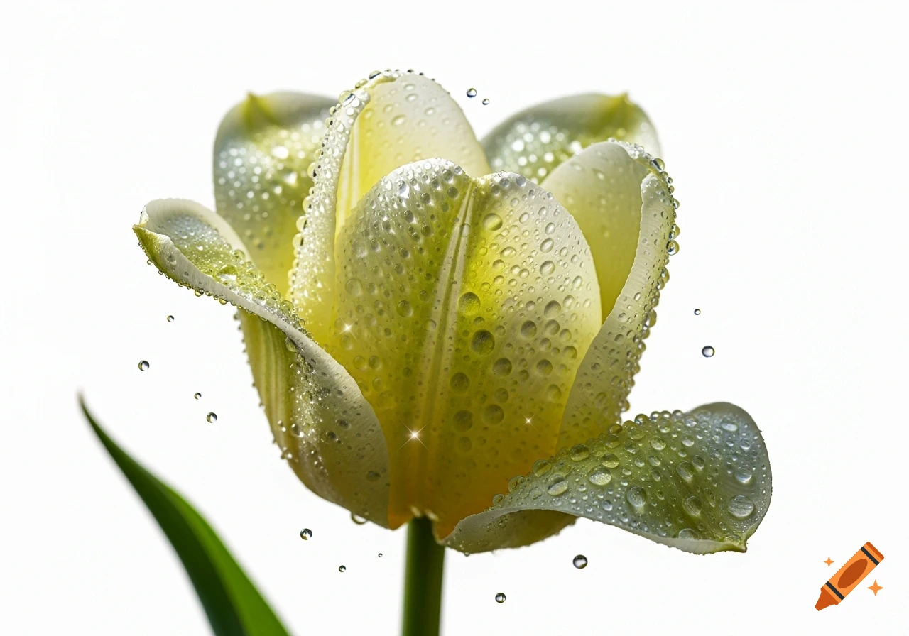 Photorealistic close-up of a pale green tulip covered in glistening water droplets, with a clean white background.