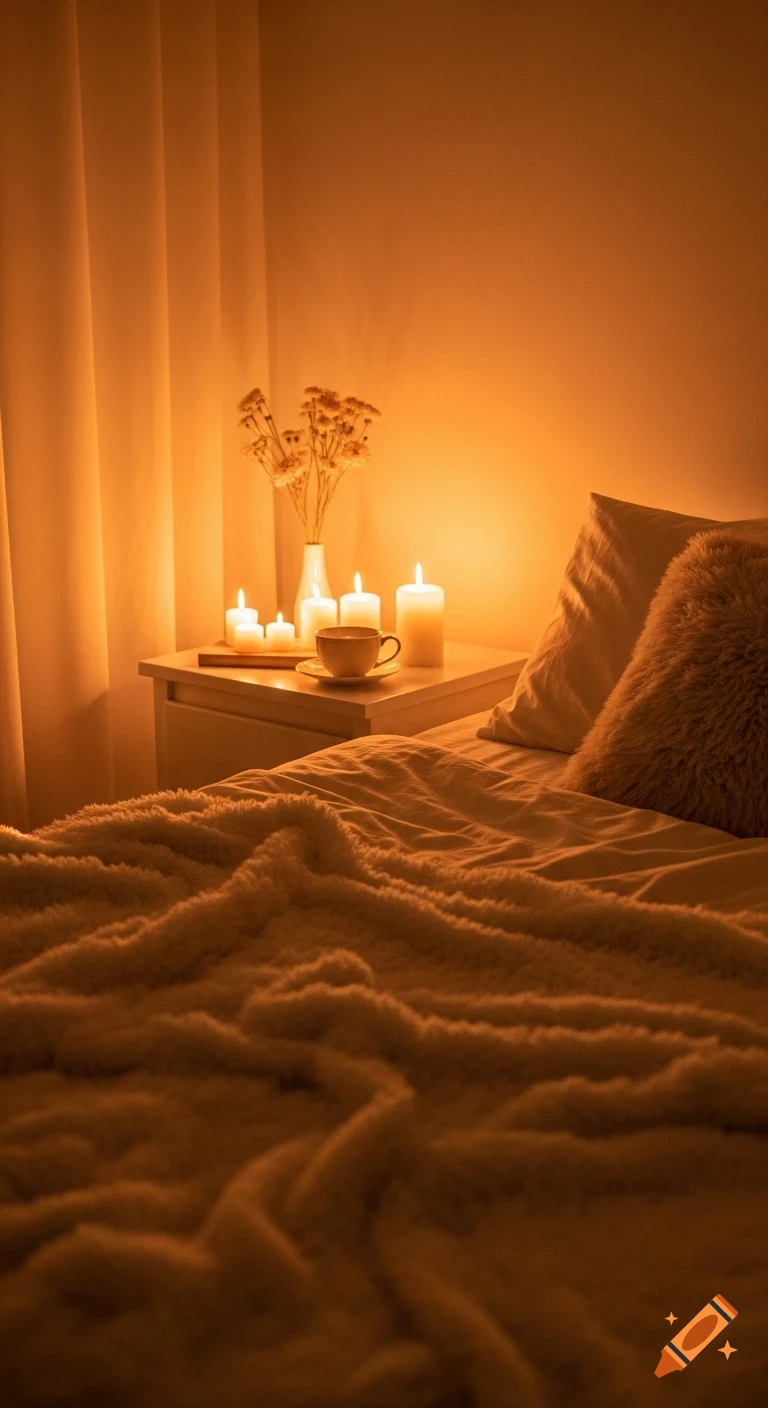 A cozy bedroom with a fluffy blanket, candles glowing on a bedside table with a cup of tea, bathed in warm golden light, soft-focus.