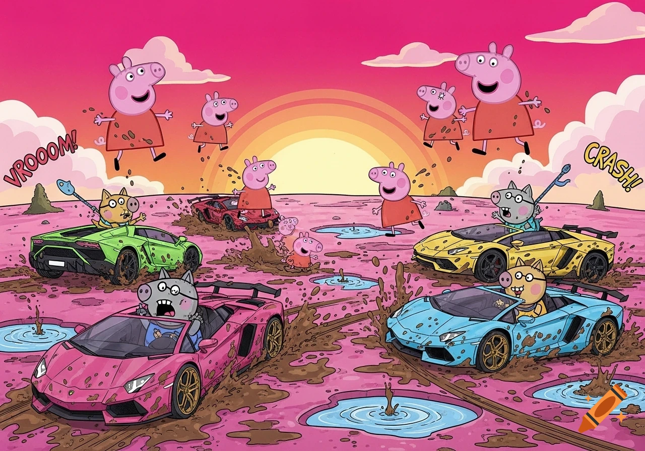 Cartoon Peppa Pig-like characters drive and crash colorful Lamborghinis in muddy, pink puddles under a sunset.