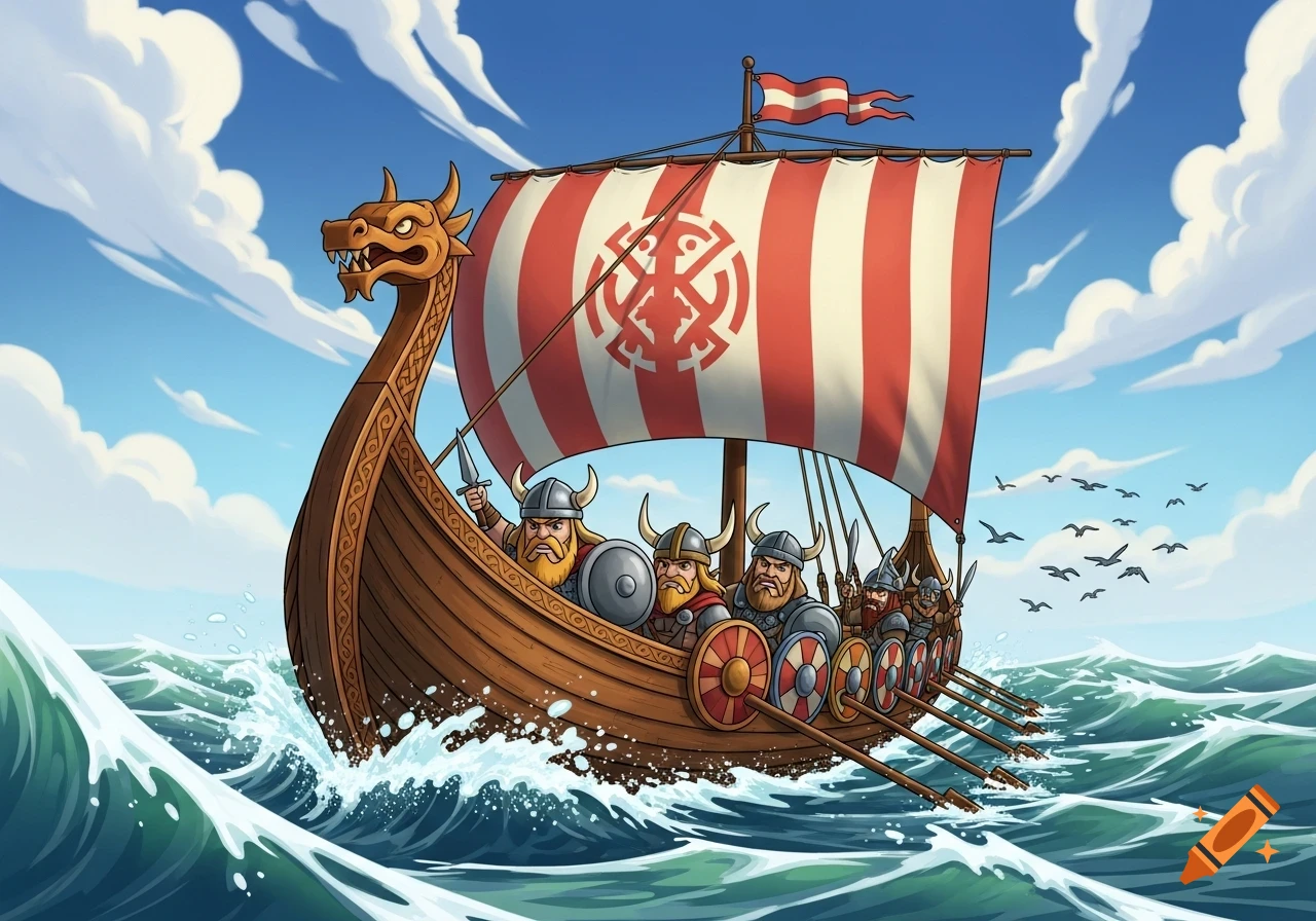 A cartoon of a Viking longship with a dragon head prow and red and white striped sail, carrying Vikings through a rough sea.