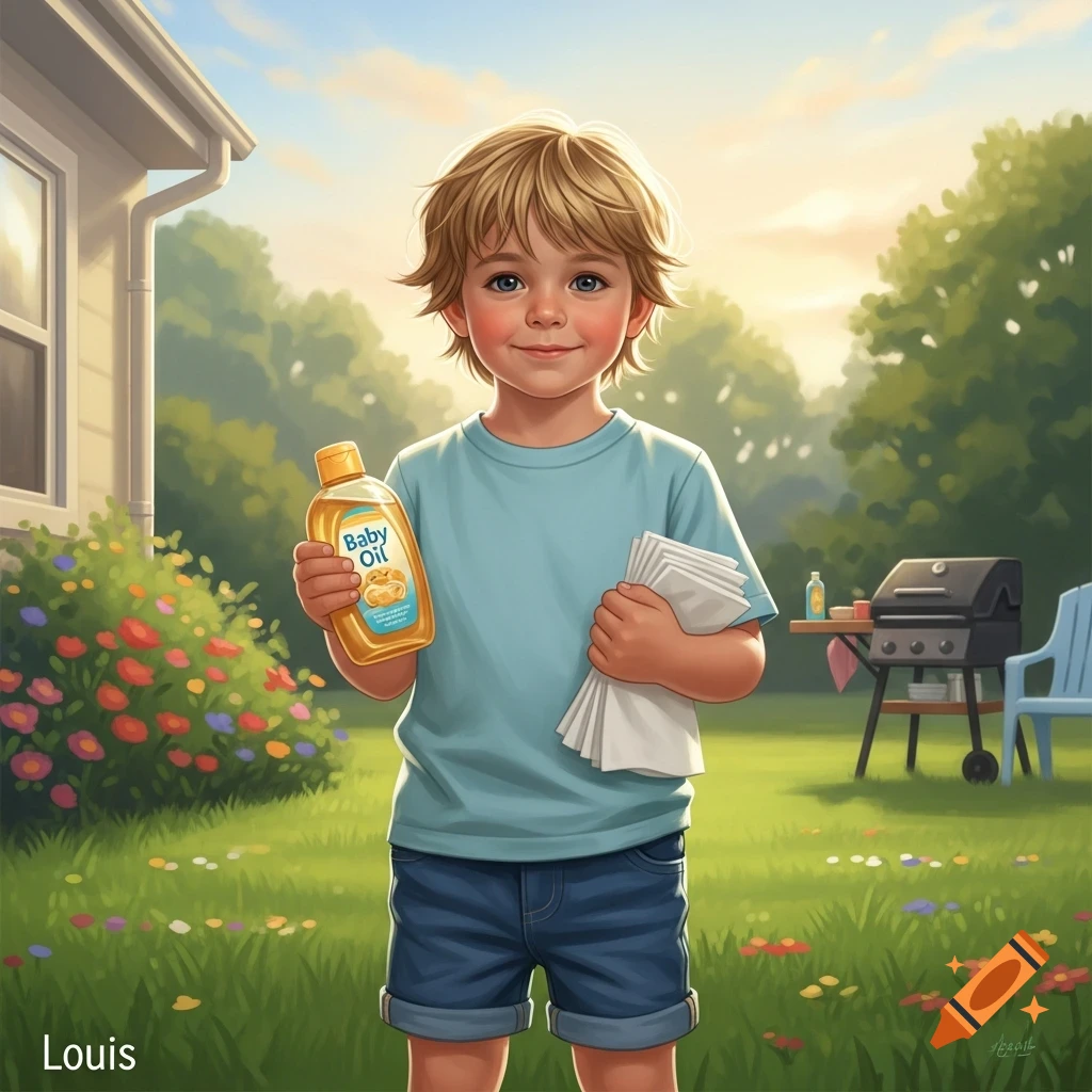 A smiling young boy with blonde hair, in a blue shirt and denim shorts, holds a baby oil bottle and napkins in a sunny backyard.
