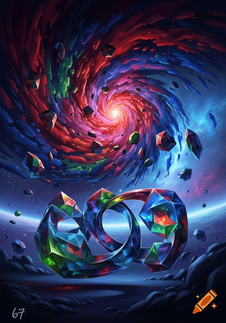 A vibrant cosmic swirl of red and blue, with numerous geometric crystals floating around a bright light. The number 67 is in the bottom left.