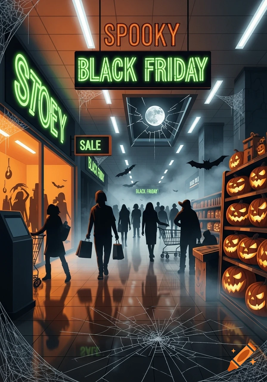 A dark, spooky Black Friday shopping mall scene with silhouetted shoppers, neon signs, glowing jack-o'-lanterns, bats, and spiderwebs.