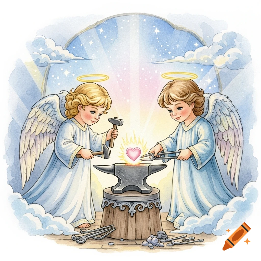 Watercolor illustration of two cherubic angels forging a glowing pink heart on an anvil in the clouds.