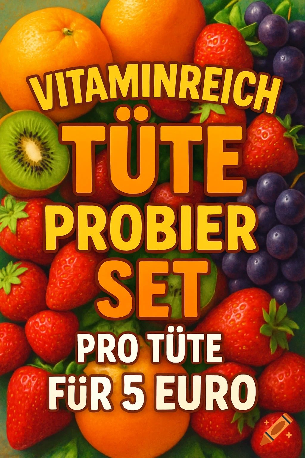 A vibrant and colorful image of oranges, strawberries, kiwi, and grapes, with bold German text overlaid reading "Vitaminreich Tüte Probierset pro Tüte für 5 Euro".