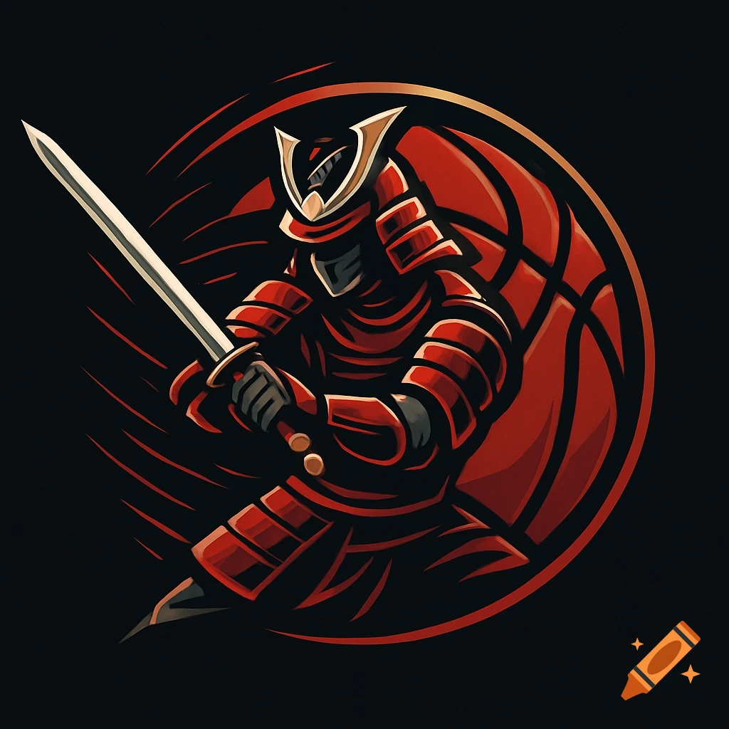 Stylized red samurai warrior holding a sword, set against a circular red basketball-like background with motion lines.
