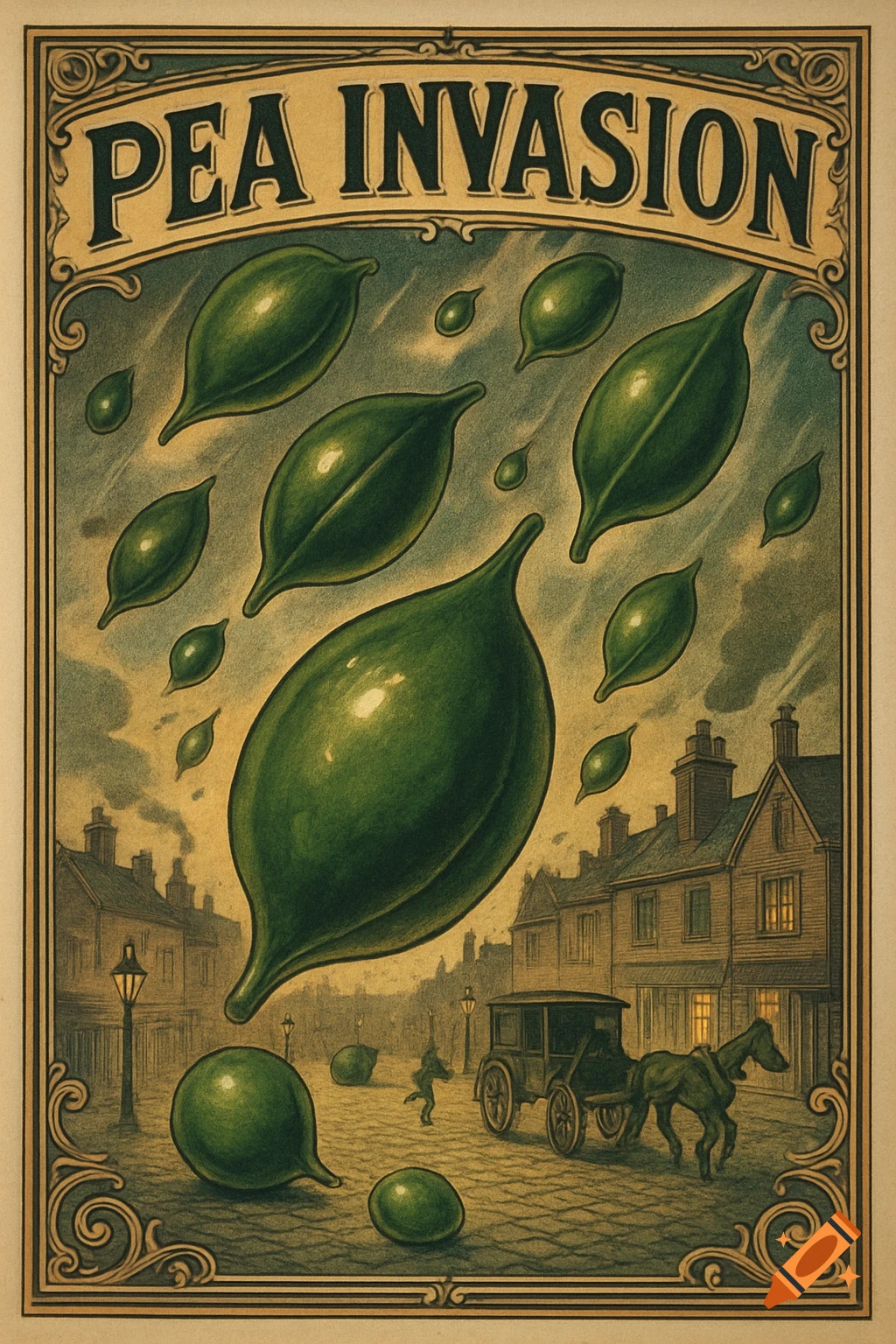 A vintage poster-style illustration shows giant pea pods falling onto a 19th-century town street, with the title 'PEA INVASION'.