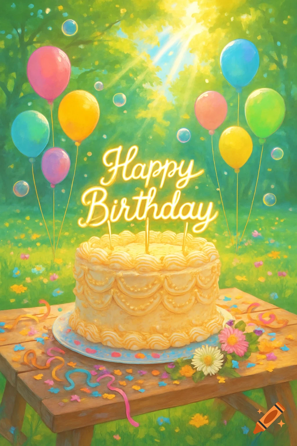 Vibrant illustration of a 'Happy Birthday' cake with candles and colorful balloons in a sunny, green outdoor setting.