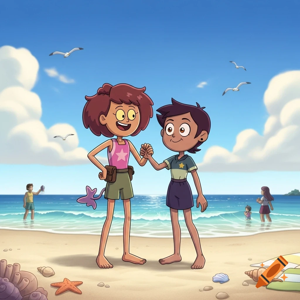 Cartoon characters Anne Boochuy and Luz Noceda stand barefoot, holding hands on a sunny beach with seagulls, ocean, and beachgoers in the background.