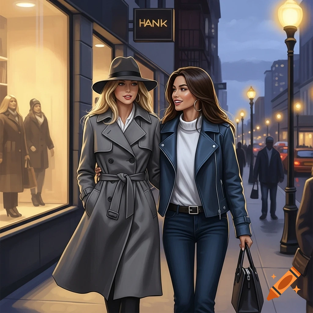 Blonde woman in a gray trench coat and her brunette friend in a blue leather jacket walk past a storefront with a 'HANK' sign on a city street at dusk.