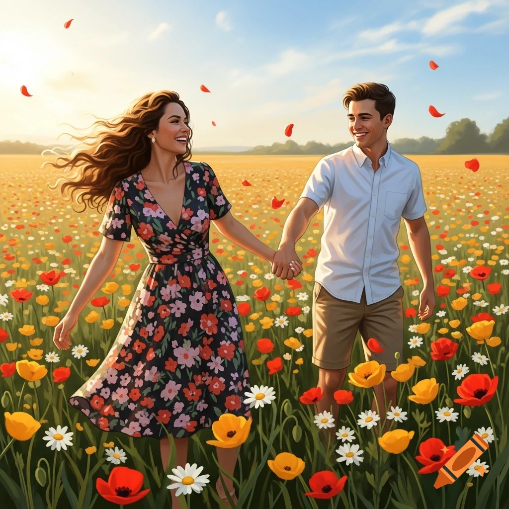 A smiling couple holds hands and walks through a vibrant field of ...