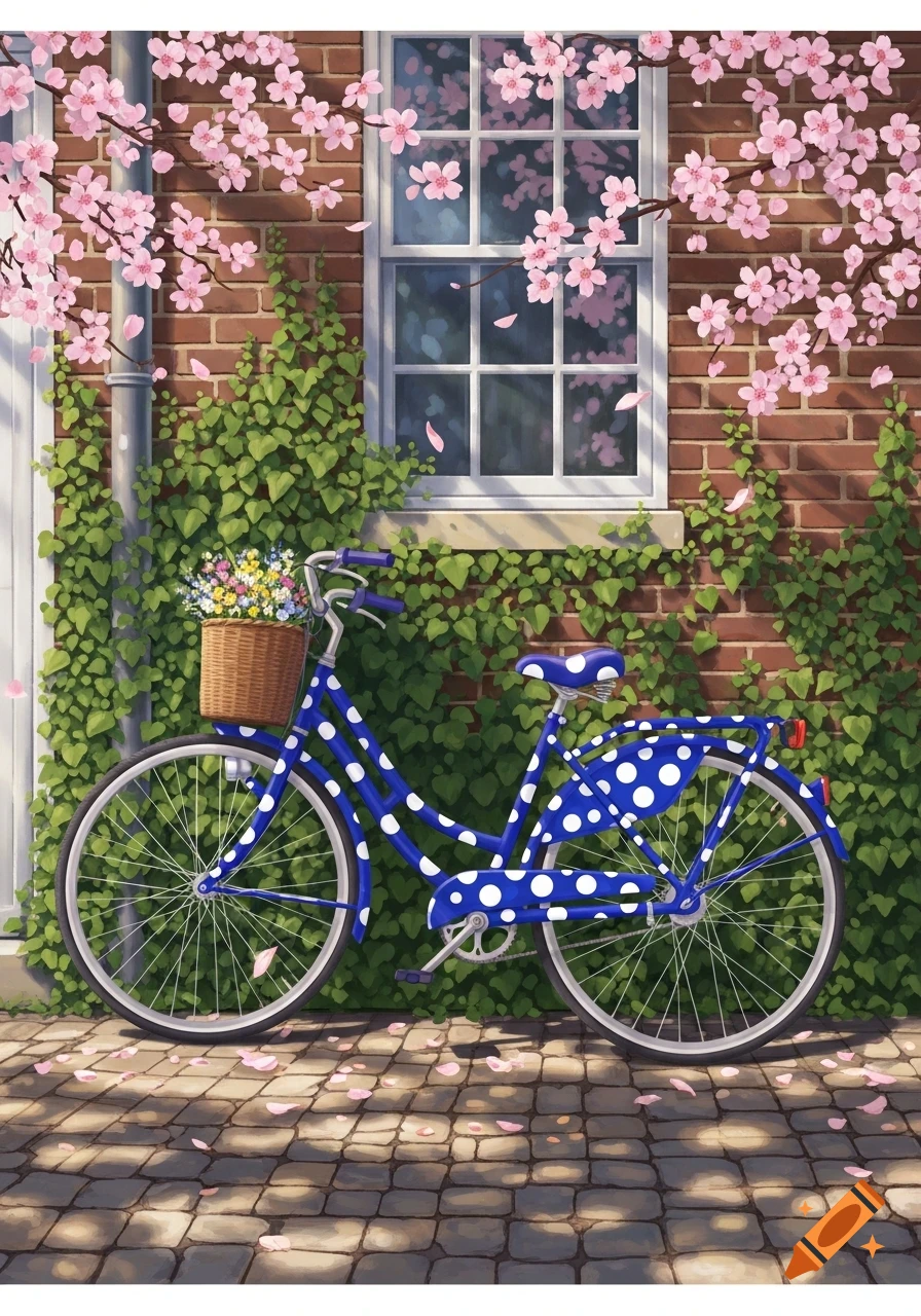 A blue polka-dotted bicycle with a flower-filled basket leans against a brick house covered in ivy, under blooming cherry blossoms.