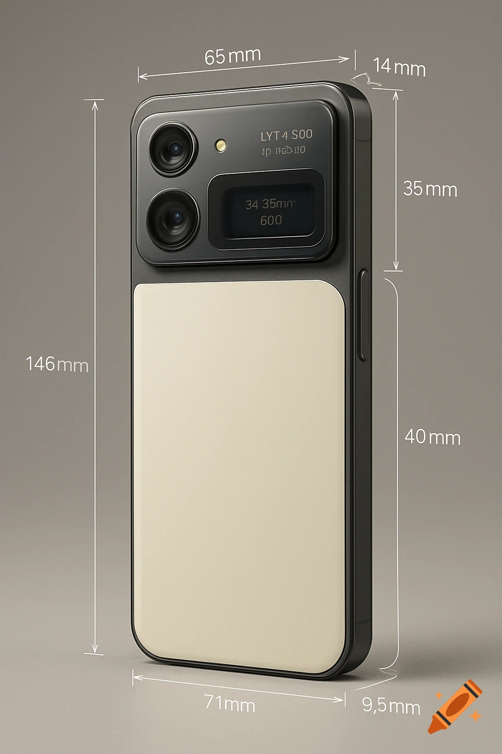 A realistic concept render of a dual-tone smartphone, featuring detailed dimensions and camera module specifications, against a grey background.