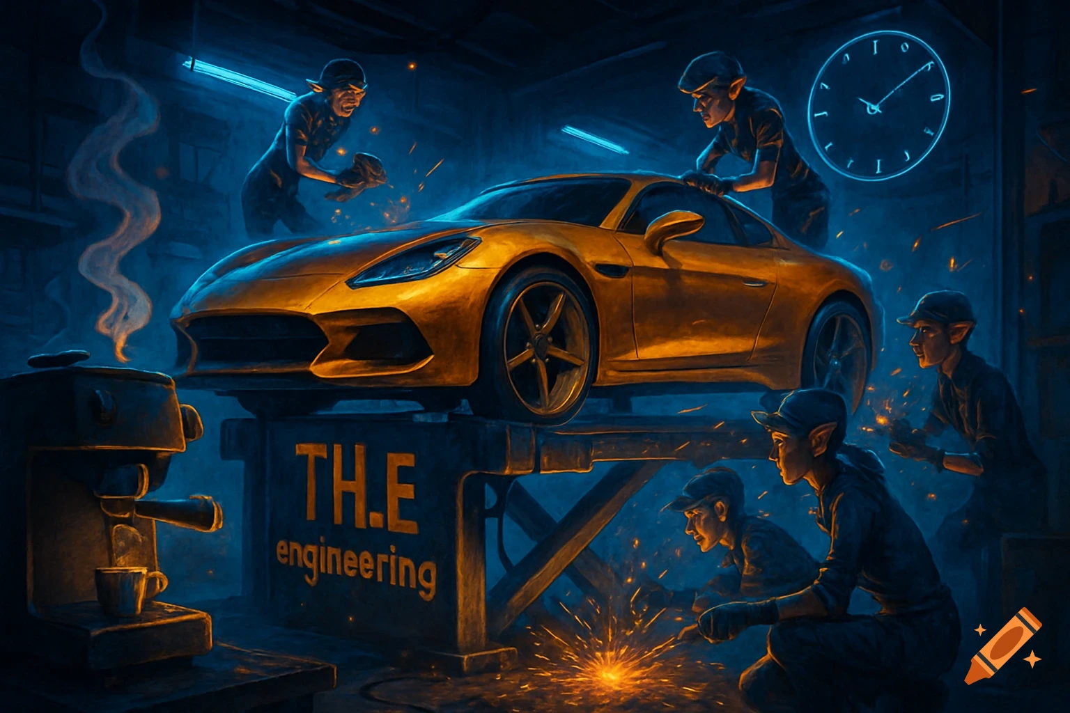 A golden sports car on a lift in a blue-lit workshop, surrounded by elves working, with sparks flying and a coffee machine steaming.