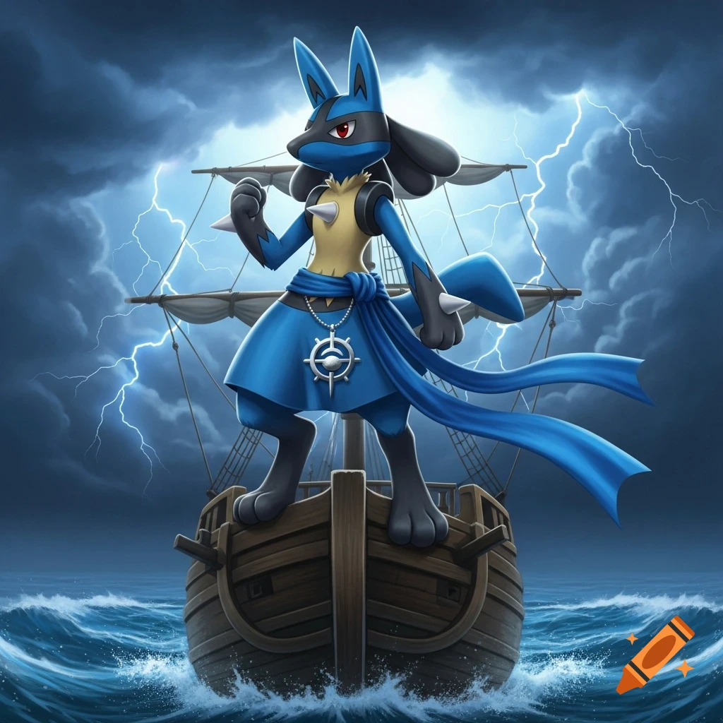 Lucario dressed as a pirate standing on a ship amidst a stormy sea with lightning, digital art.