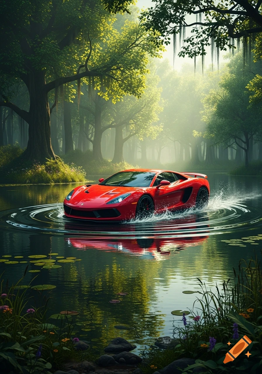 A vibrant red sports car drives through calm water in a lush, sun-dappled forest, creating ripples and splashes.