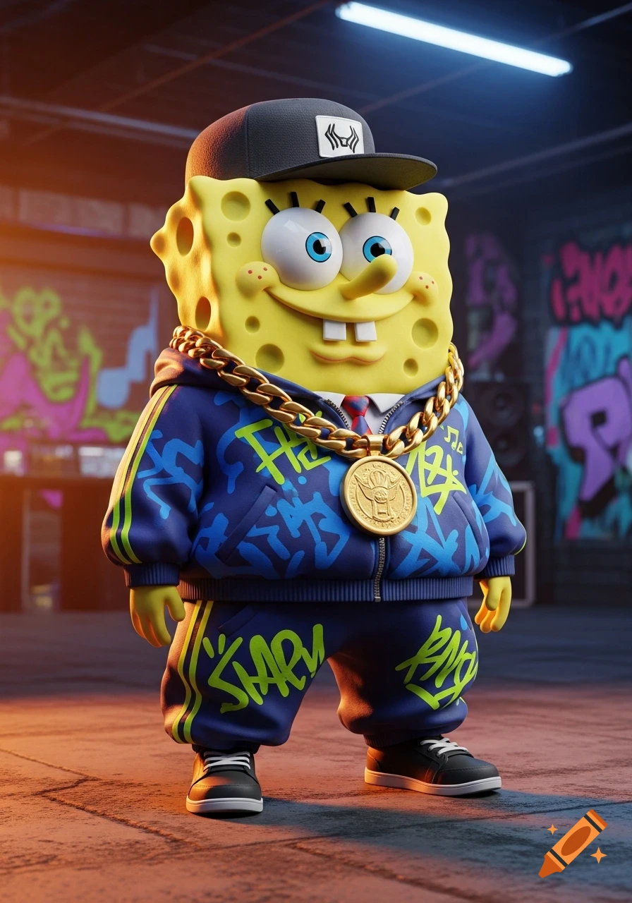 3D render of Spongebob Squarepants in a rapper outfit, wearing a black cap, blue hoodie, and gold chain, standing in a warehouse.