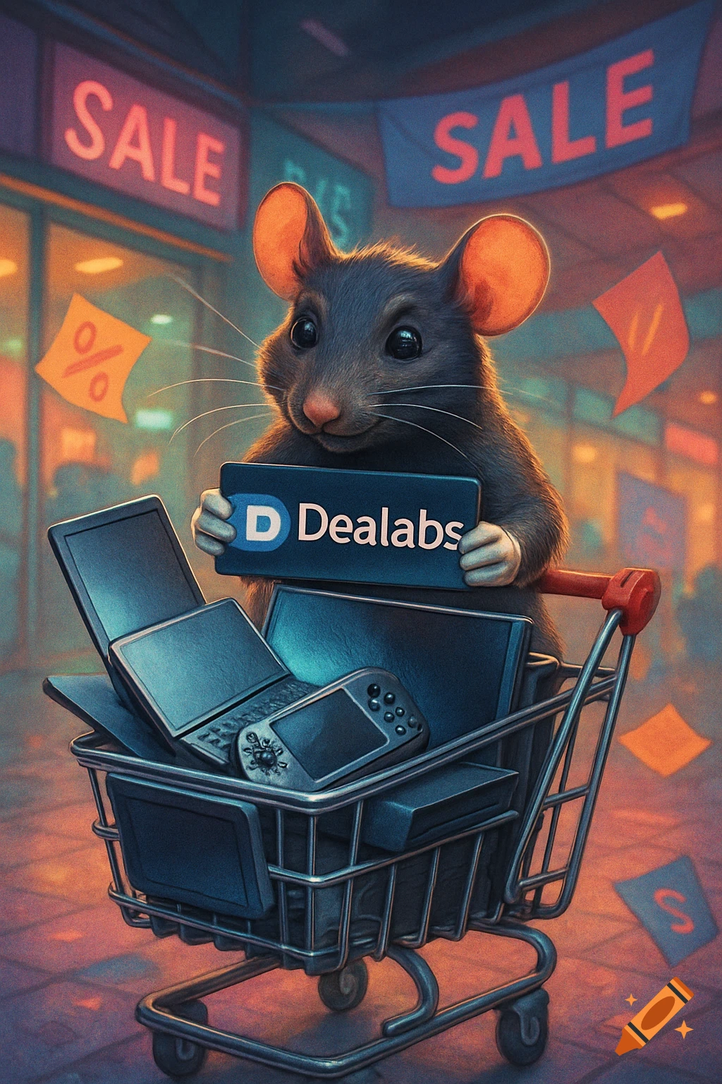 A cute rat pushes a shopping cart with tech products in a store with SALE signs, holding a "Dealabs" logo sign.