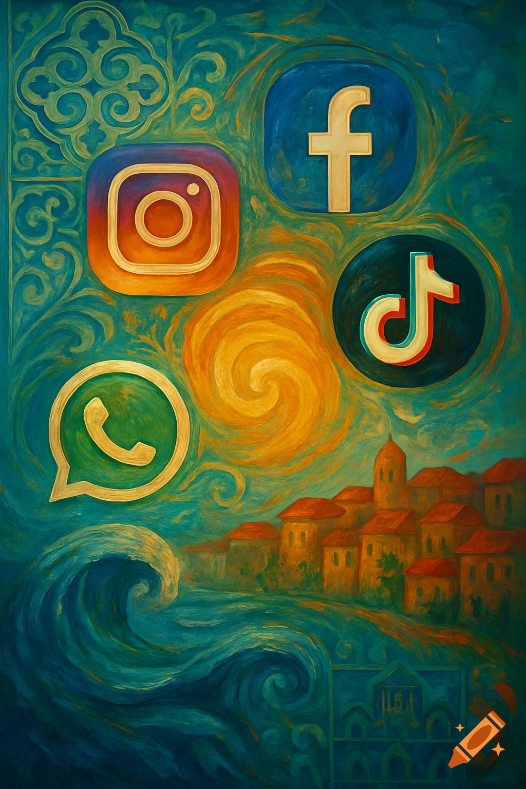 A Van Gogh-style painting featuring Facebook, Instagram, WhatsApp, and TikTok logos swirling above a coastal town with waves.