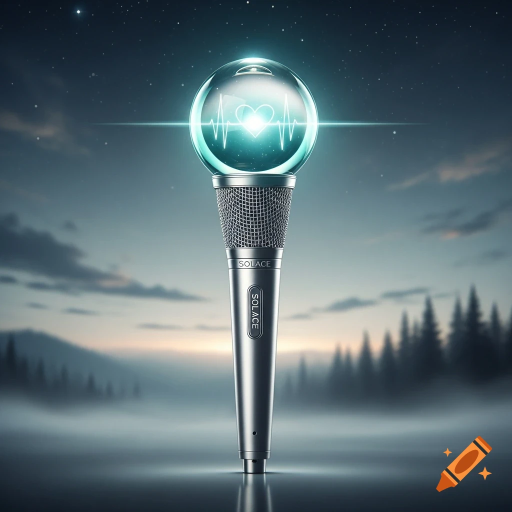 A sleek silver microphone with a glowing teal crystal orb displaying a heart and heartbeat, against a starry, misty mountain backdrop.