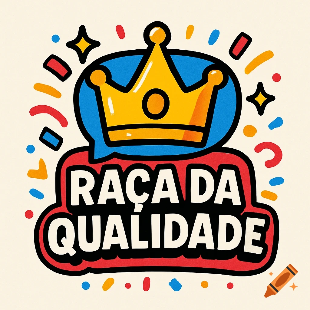 Colorful cartoon emblem with a golden crown, a blue speech bubble, and 'RAÇA DA QUALIDADE' in a red banner, surrounded by confetti.