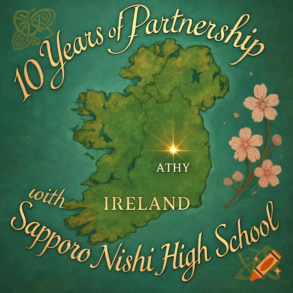 Illustrated map of Ireland with text '10 Years of Partnership with Sapporo Nishi High School', 'ATHY', and 'IRELAND'. Cherry blossoms on right.