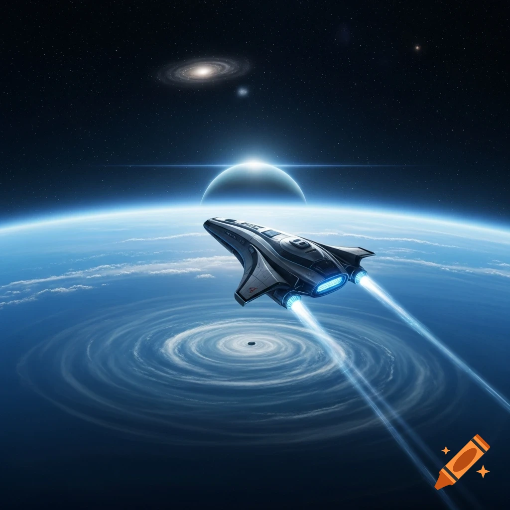 A sleek spaceship with glowing blue thrusters flies above a blue planet with a swirling cloud formation. Stars and distant galaxies fill the background.