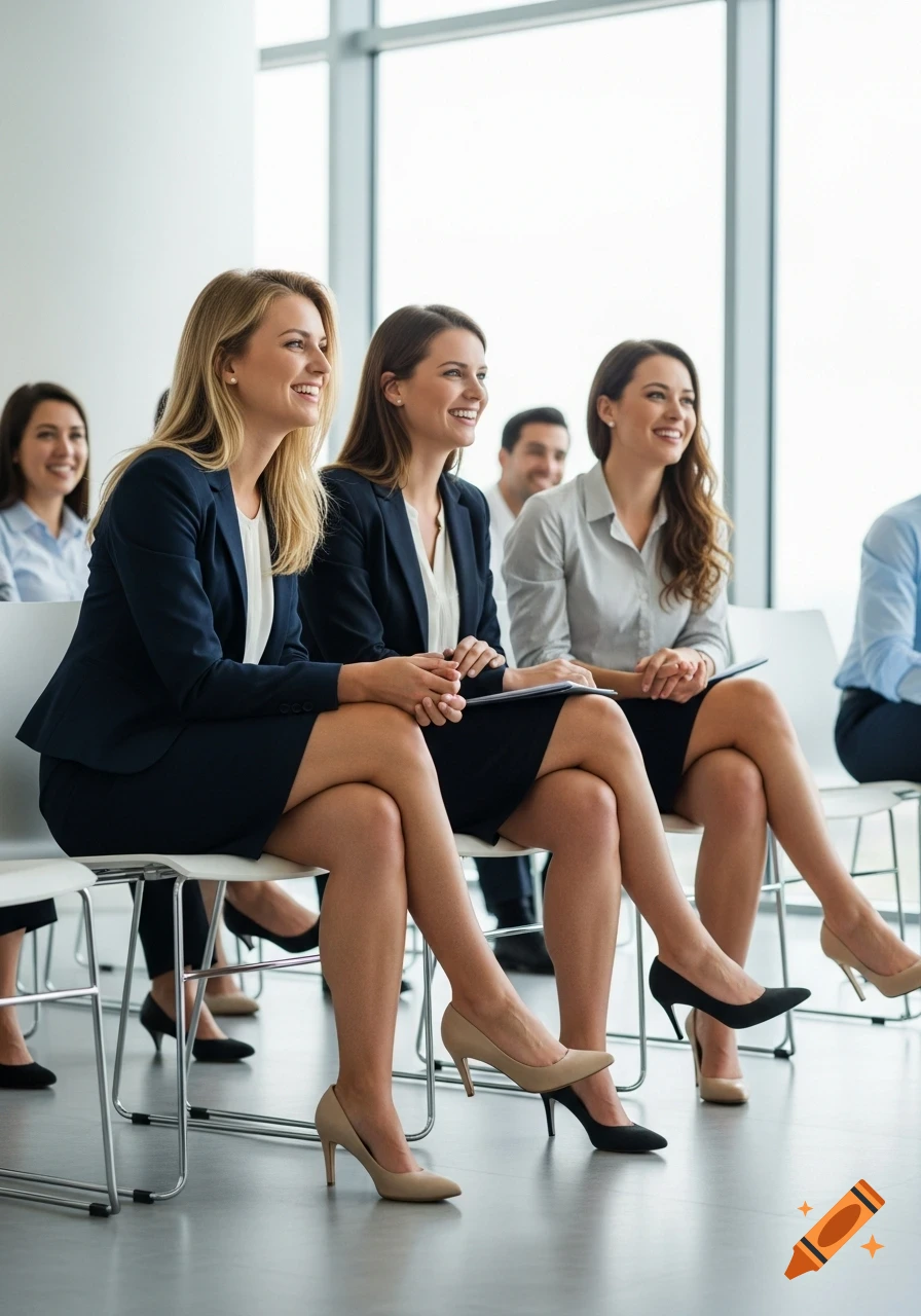 Three smiling women in business attire and high heels sit in a bright ...