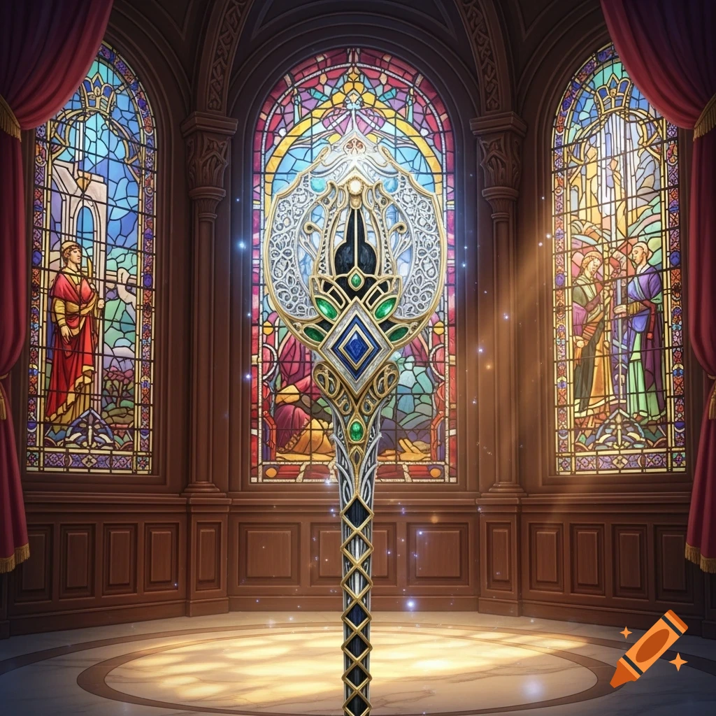 An ornate, jeweled scepter stands centered in a grand room with intricate stained glass windows and red drapes.