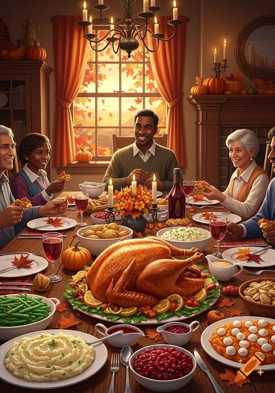 A multiracial family gathers around a festive table laden with turkey and Thanksgiving dishes, set in a cozy dining room.