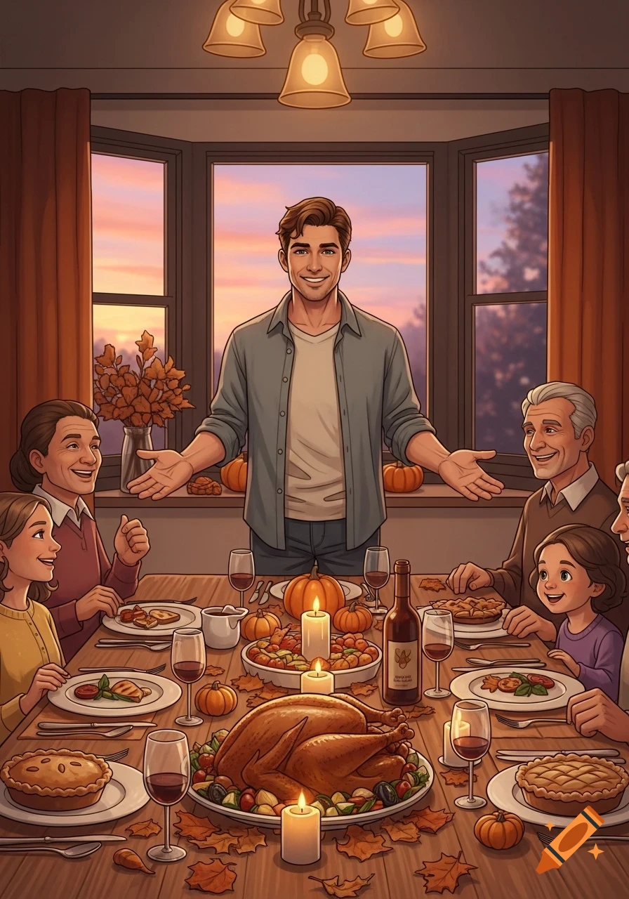 A cartoon family gathers around a dinner table laden with Thanksgiving food, including a turkey, pies, and pumpkins, as a man stands at the head.