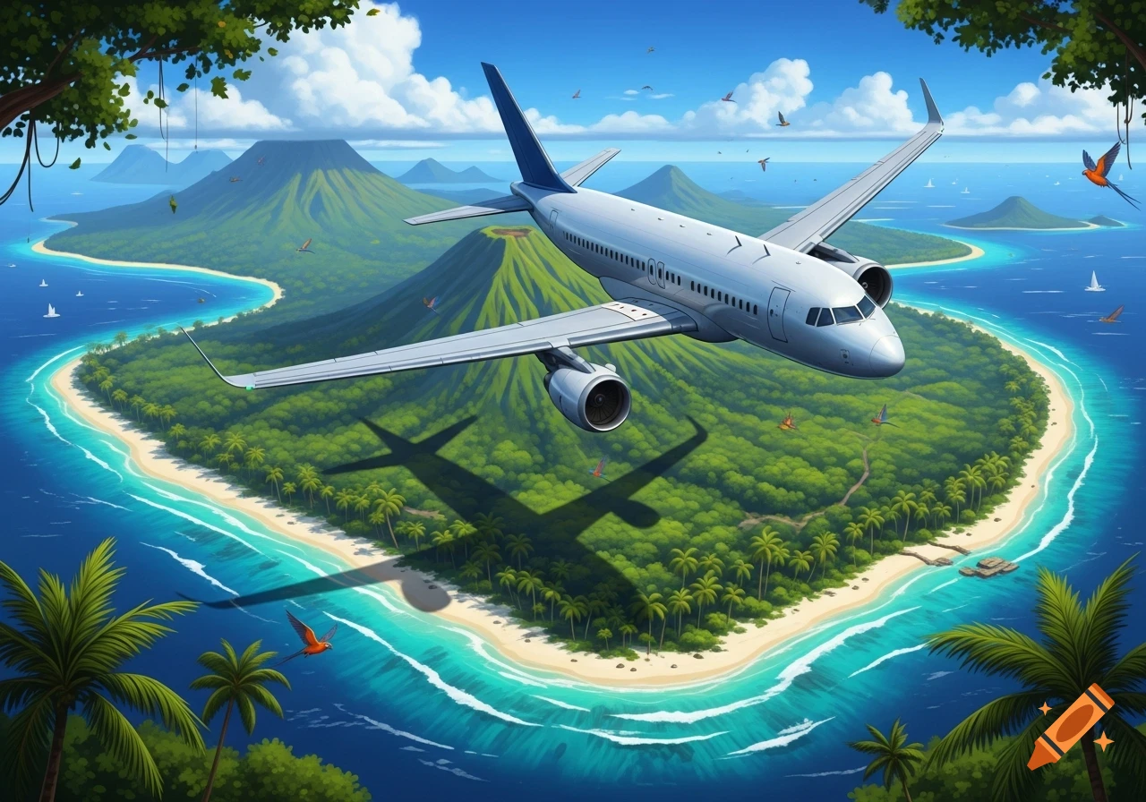 Passenger airplane flying over a tropical island with sandy beaches, turquoise water, and lush green mountains. Illustrative.