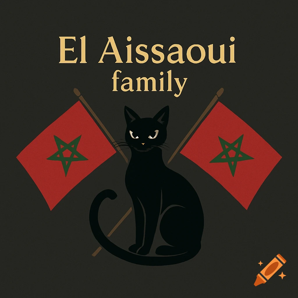 A stylized logo featuring a black cat centered between two Moroccan flags, with 'El Aissaoui family' text above.