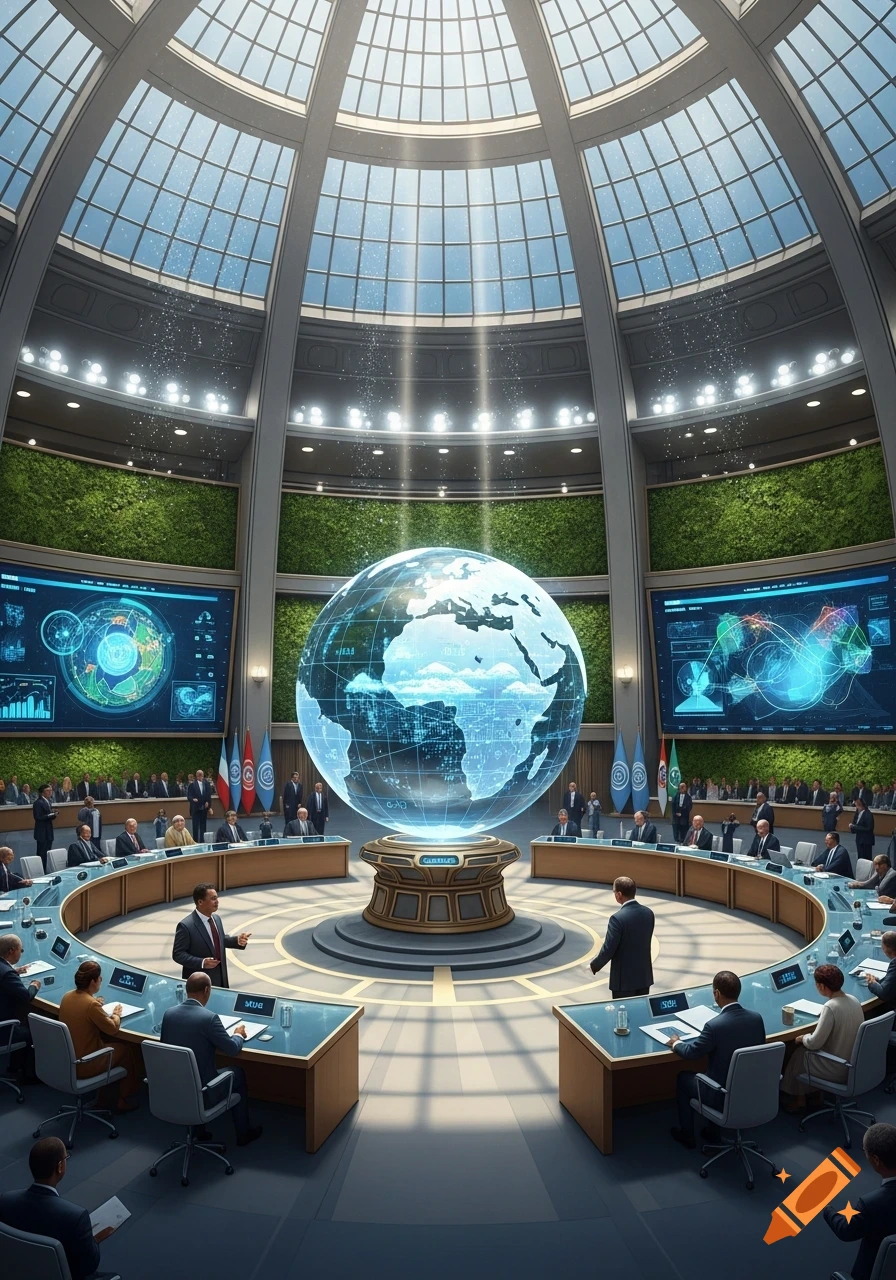 A global conference in a large domed room, with delegates seated around a curved table and a glowing holographic Earth globe at the center.