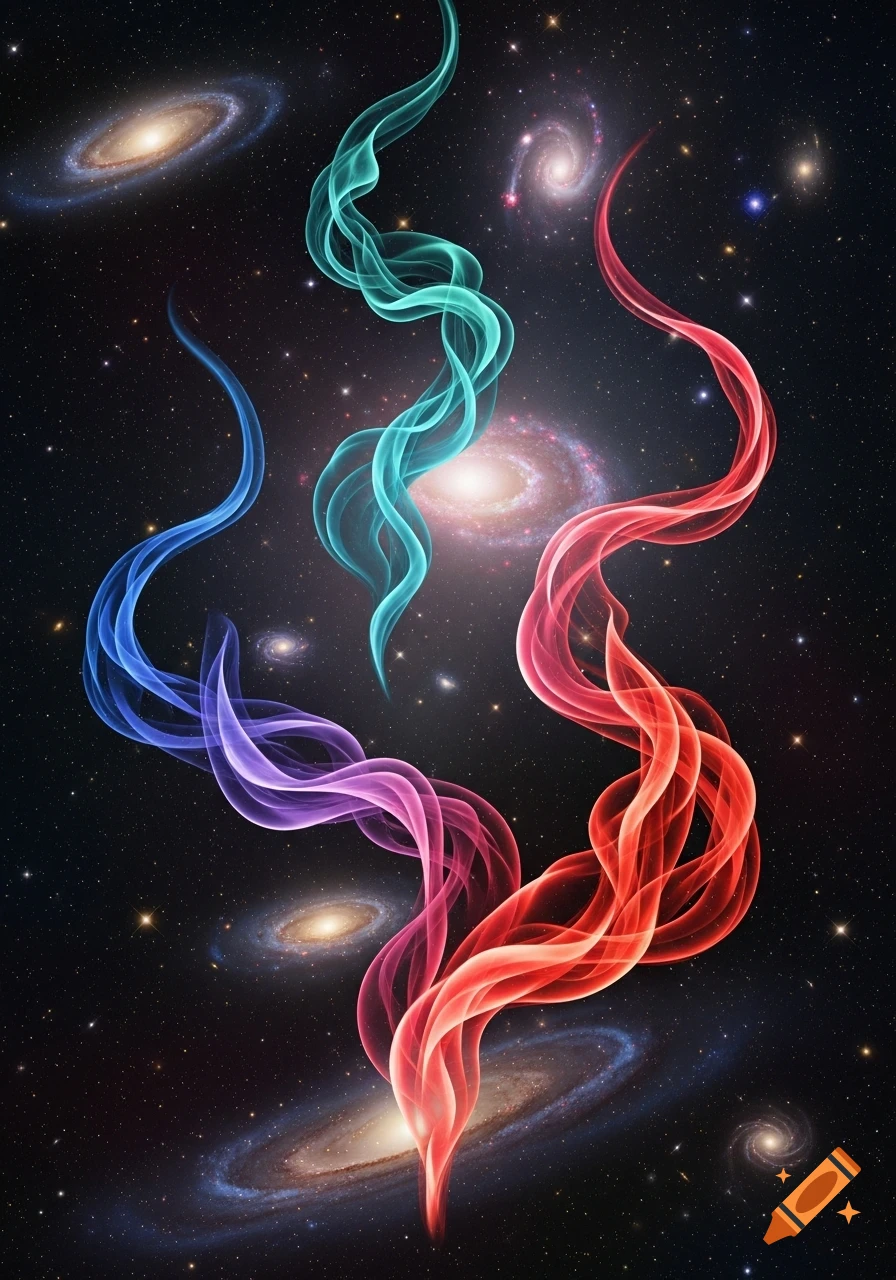 Blue, teal, purple, and red wavy, glowing abstract forms float among bright spiral galaxies and stars in deep space.
