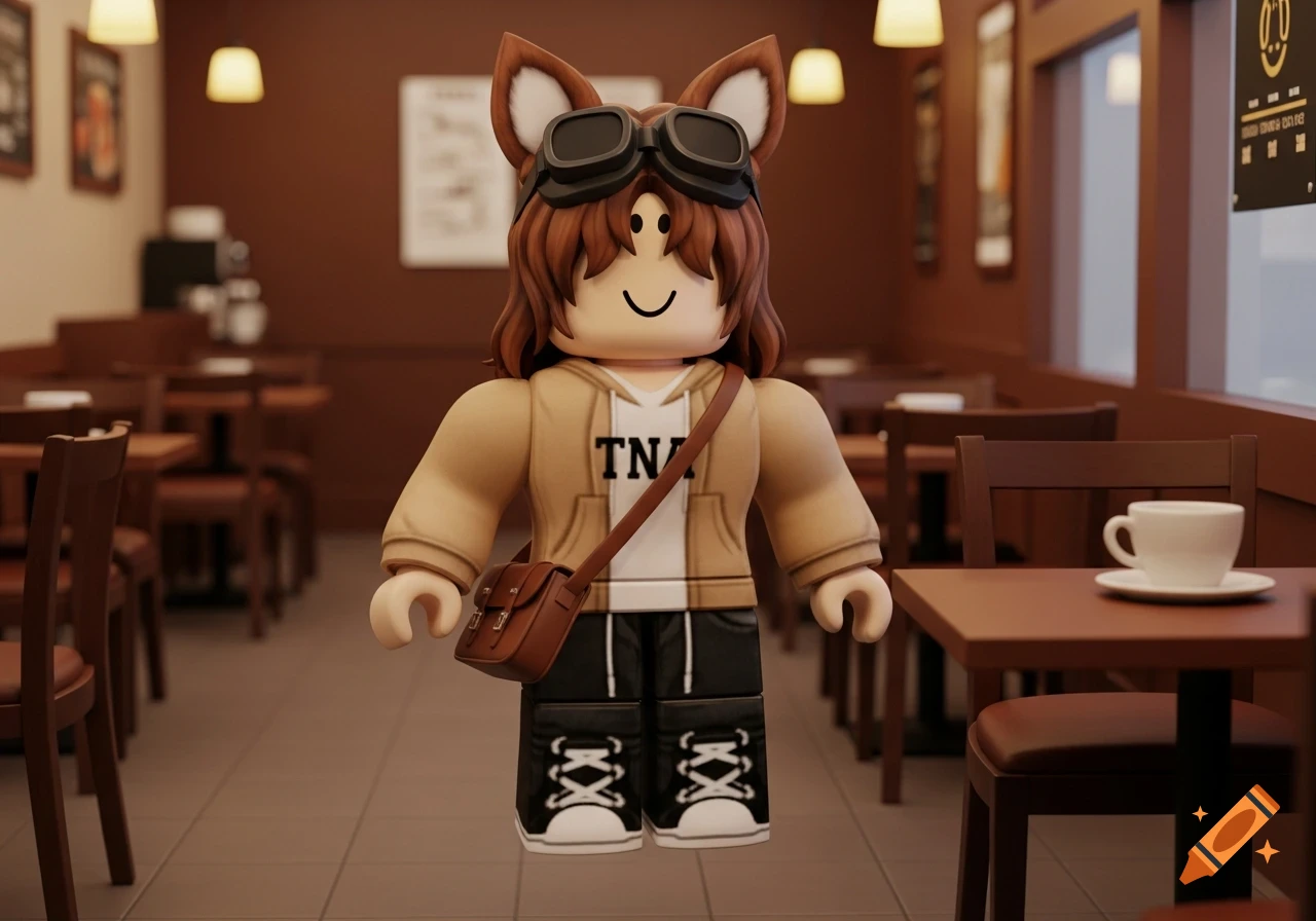 A Roblox avatar with brown hair, goggles, a crossbody bag, and a tan hoodie stands in a cozy brown cafe with tables and chairs.