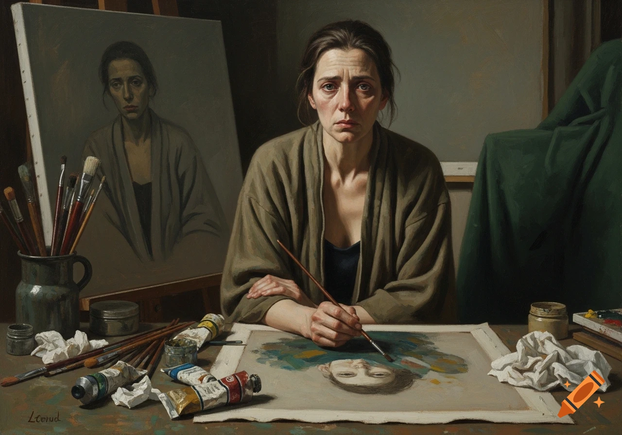 A sad woman painter in a brown robe works on a portrait at a table, surrounded by art supplies and a larger easel painting, in a realistic style.