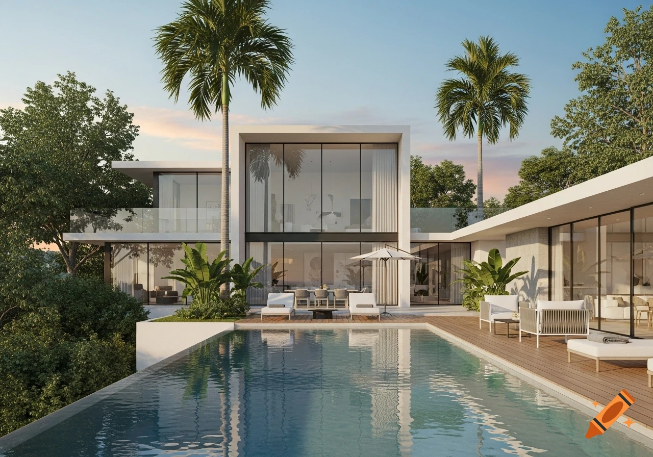 Photorealistic modern luxury house with an infinity pool, palm trees, and lush greenery under a clear sky.