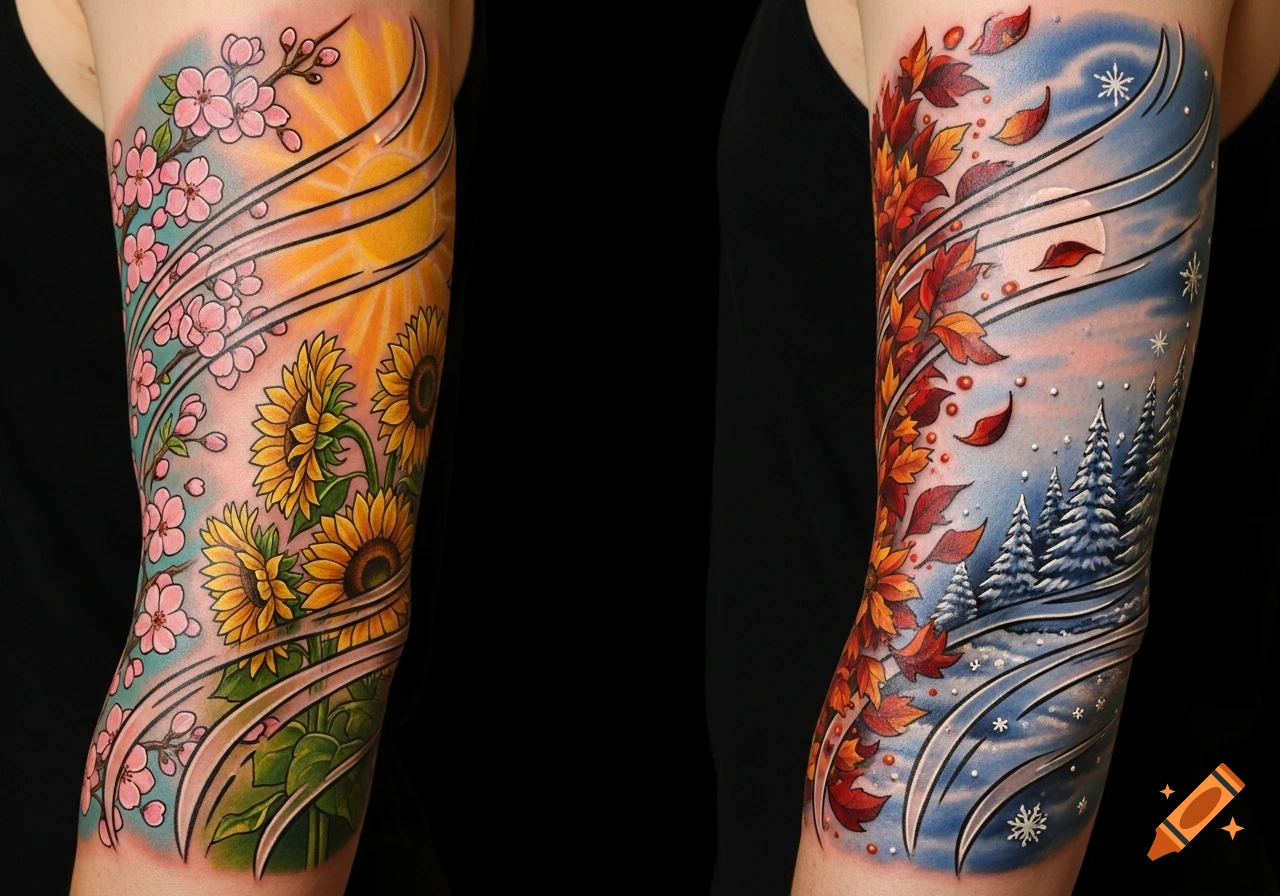 Colorful tattoos on two arms depicting the four seasons: cherry blossoms and sunflowers for spring/summer, and falling leaves, snow, and pine trees for autumn/winter.