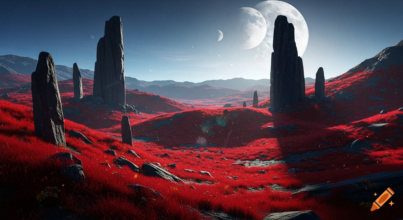 A vibrant alien landscape with red vegetation, towering dark rock ...