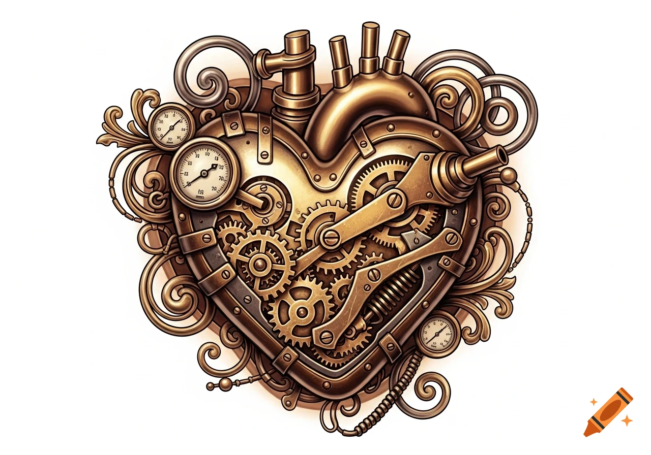 A detailed steampunk mechanical heart illustration, made of brass and bronze with gears, pipes, gauges, and ornate filigree.