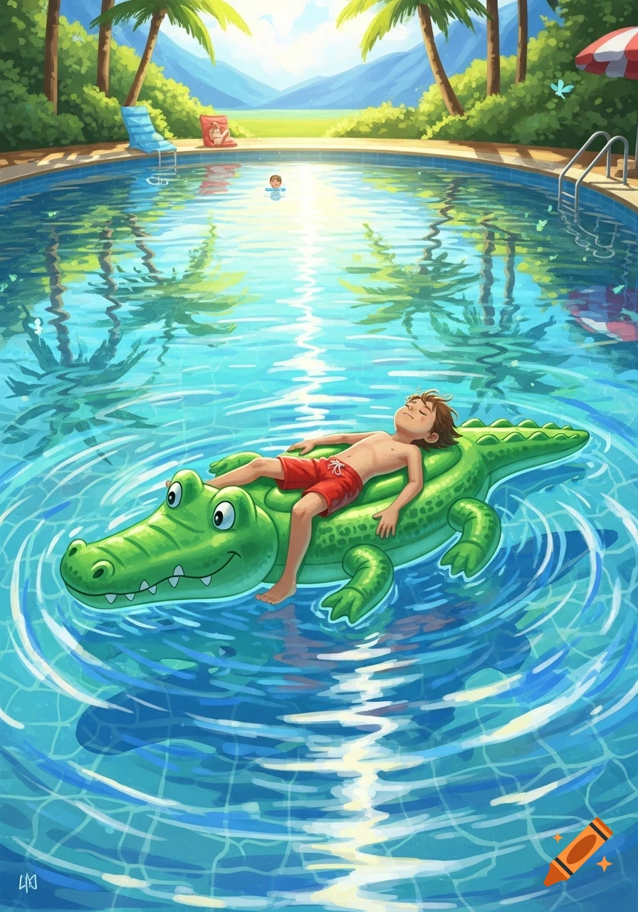 Cartoon illustration of a boy in red trunks floating on a green inflatable crocodile in a sunny swimming pool.