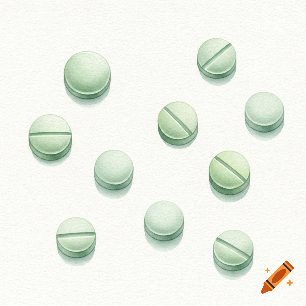 A watercolor illustration of several scattered green flat pills, some with a score line, on a light background.