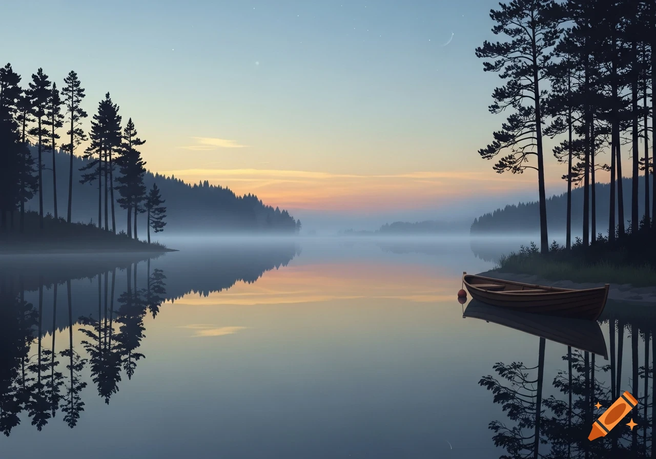 Tranquil lake surrounded by pine forest at dawn or dusk, with mist on the water and a small wooden boat.